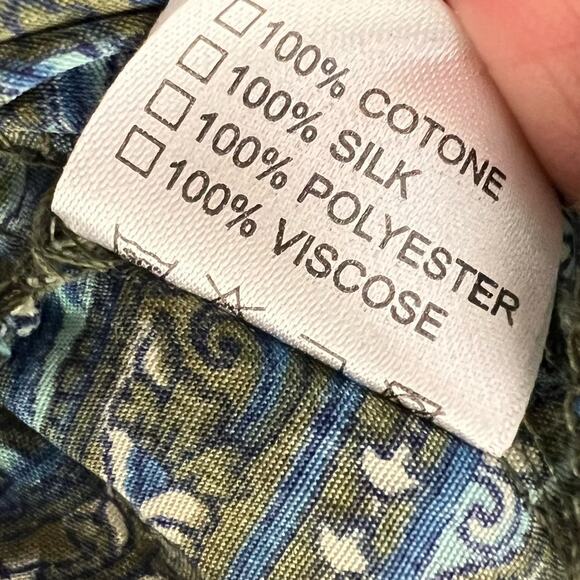 OPC Dress XS/S Womens Paisley Blue Bell Sleeve Smocked Pleated Boho A-Line Green - Picture 9 of 9